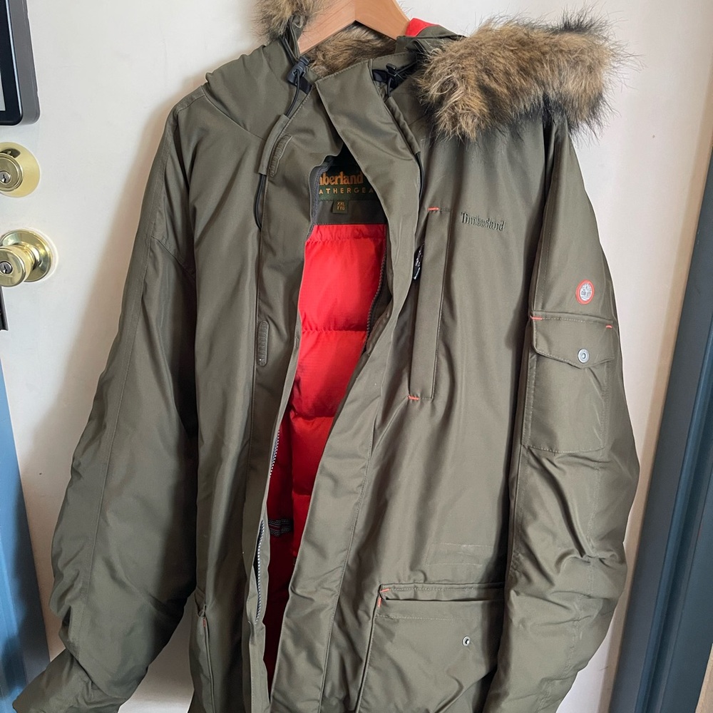 Timberland Olive Green Puffer Parka with Faux Fur Hood & Orange Lining
